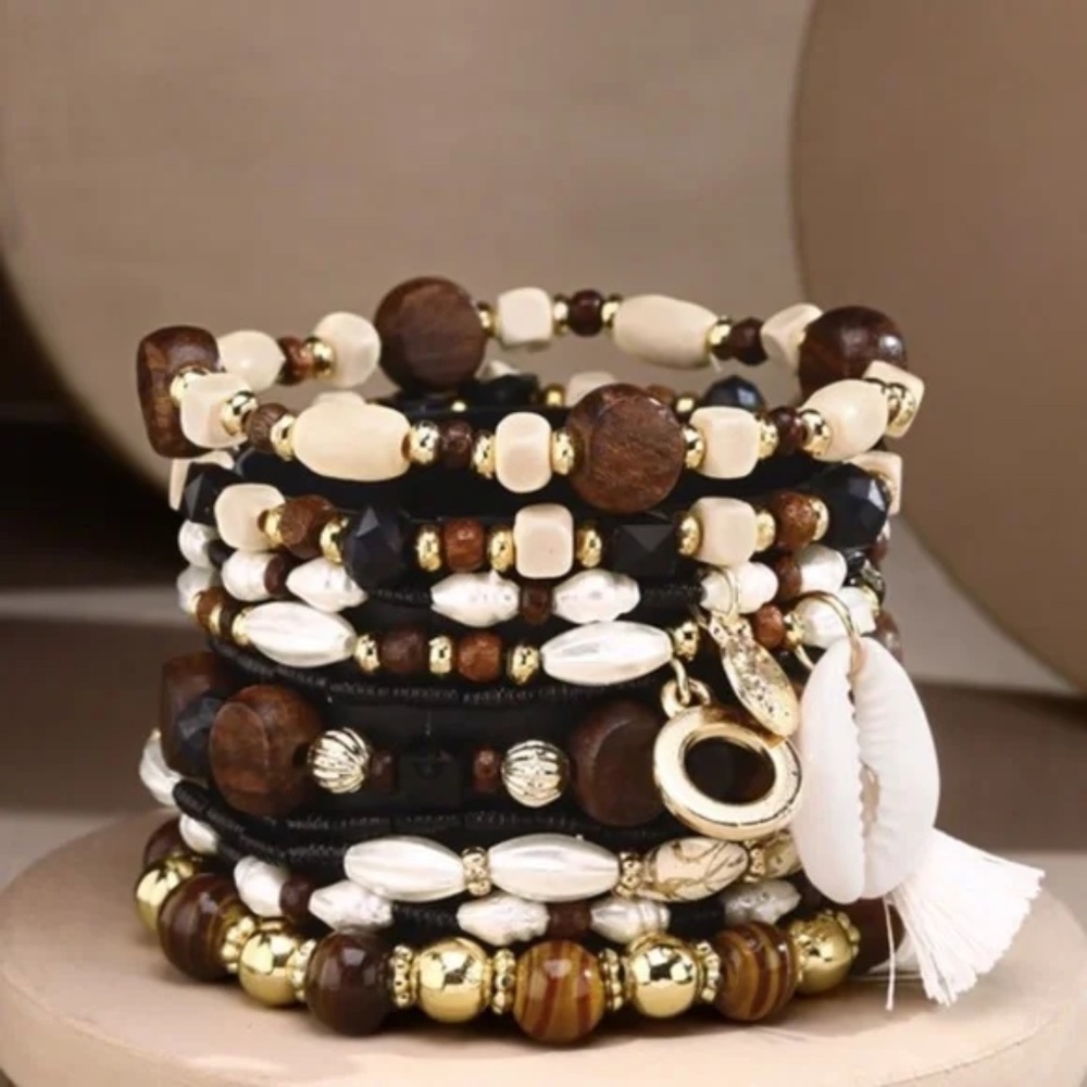 Brown 10 Layered Bohemian Stack Stretch Bracelet Set w/ Charms Cowrie Tassel